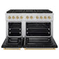 ZLINE Autograph Edition 48 in. 6.7 cu. ft. Paramount Gas Range with 8 Burner DuoPro™ Cooktop and Dual Ovens with Black Matte Doors and Champagne Bronze Accents (PSGRZ-BLM-48-CB) front, oven open.
