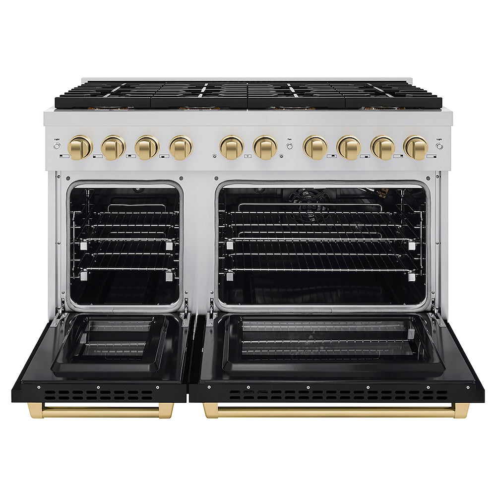 ZLINE Autograph Edition 48 in. 6.7 cu. ft. Paramount Gas Range with 8 Burner DuoPro™ Cooktop and Dual Ovens with Black Matte Doors and Champagne Bronze Accents (PSGRZ-BLM-48-CB) front, oven open.