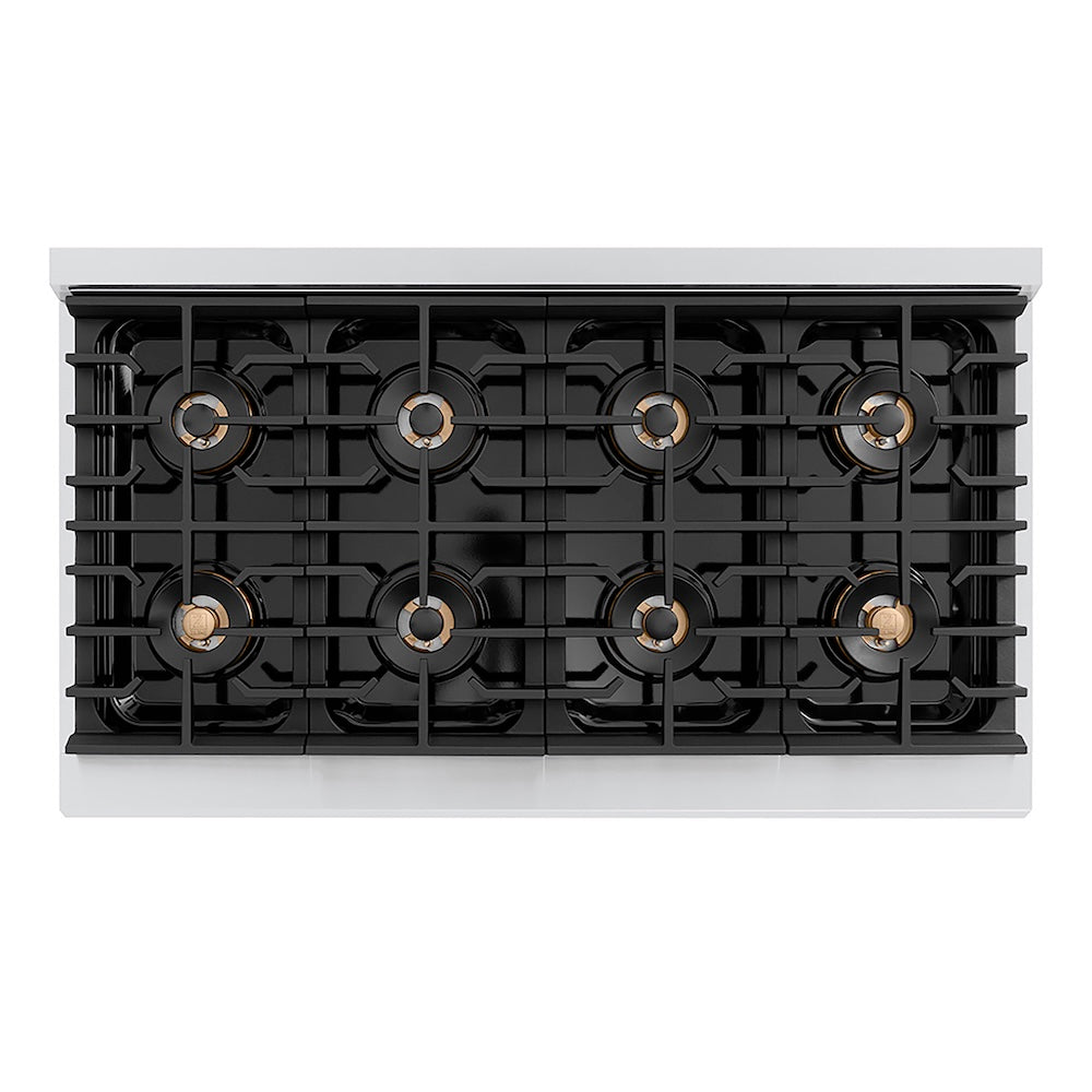 ZLINE Autograph Edition 48 in. 6.7 cu. ft. Paramount Gas Range with 8 Burner DuoPro™ Cooktop and Dual Ovens with Black Matte Doors and Champagne Bronze Accents (PSGRZ-BLM-48-CB) top-down, above cooktop.