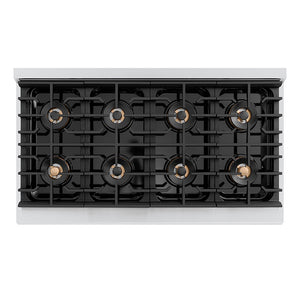 ZLINE Autograph Edition 48 in. 6.7 cu. ft. Paramount Gas Range with 8 Burner DuoPro™ Cooktop and Dual Ovens with Black Matte Doors and Champagne Bronze Accents (PSGRZ-BLM-48-CB) top-down, above cooktop.