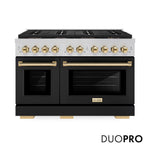ZLINE Autograph Edition 48 in. 6.7 cu. ft. Paramount Gas Range with 8 Burner DuoPro™ Cooktop and Dual Ovens with Black Matte Doors and Polished Gold Accents (PSGRZ-BLM-48-G) front, with DuoPro™ logo.