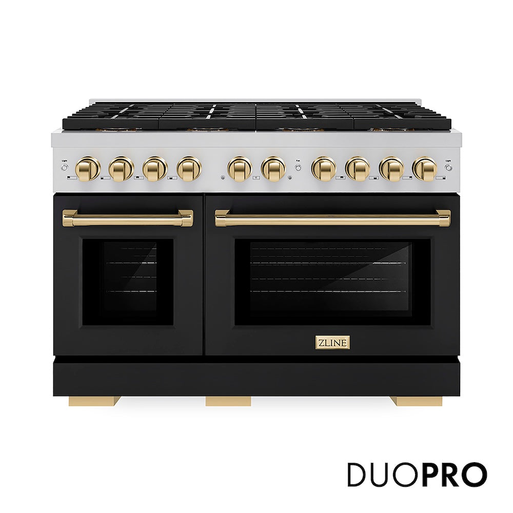 ZLINE Autograph Edition 48 in. 6.7 cu. ft. Paramount Gas Range with 8 Burner DuoPro™ Cooktop and Dual Ovens with Black Matte Doors and Polished Gold Accents (PSGRZ-BLM-48-G) front, with DuoPro™ logo.