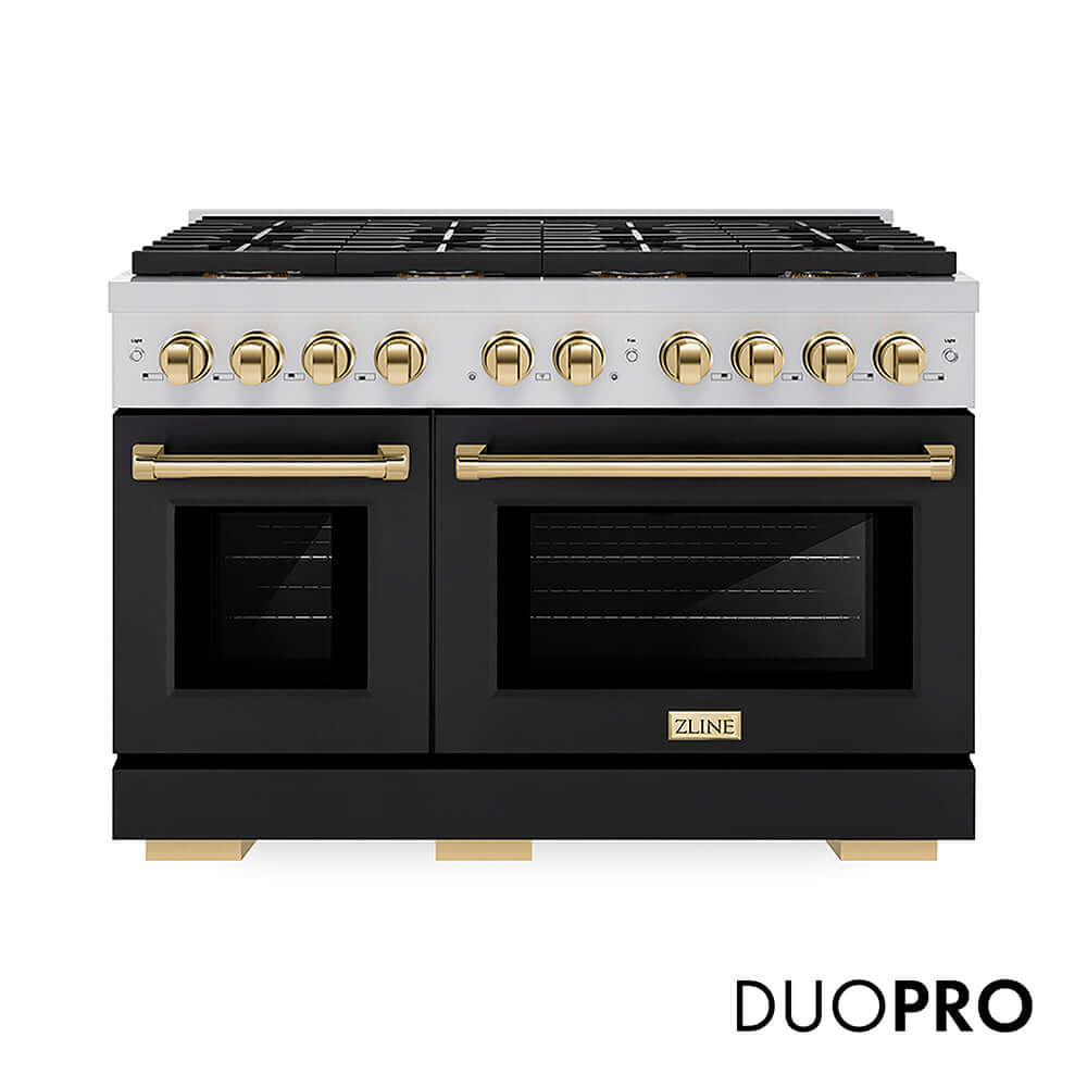 ZLINE Autograph Edition 48 in. 6.7 cu. ft. Paramount Gas Range with 8 Burner DuoPro™ Cooktop and Dual Ovens with Black Matte Doors and Polished Gold Accents, Open Box-Good Condition
