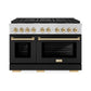 ZLINE Autograph Edition 48 in. 6.7 cu. ft. Paramount Gas Range with 8 Burner DuoPro™ Cooktop and Dual Ovens with Black Matte Doors and Polished Gold Accents (PSGRZ-BLM-48-G) front.