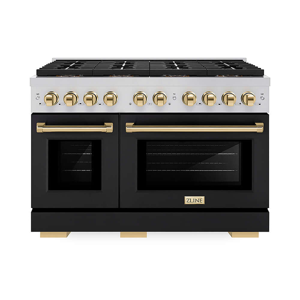 ZLINE Autograph Edition 48 in. 6.7 cu. ft. Paramount Gas Range with 8 Burner DuoPro™ Cooktop and Dual Ovens with Black Matte Doors and Polished Gold Accents, Open Box-Good Condition