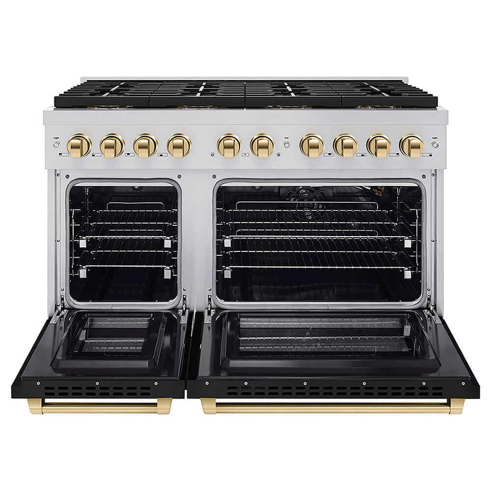 ZLINE Autograph Edition 48 in. 6.7 cu. ft. Paramount Gas Range with 8 Burner DuoPro™ Cooktop and Dual Ovens with Black Matte Doors and Polished Gold Accents, Open Box-Good Condition