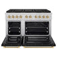 ZLINE Autograph Edition 48 in. 6.7 cu. ft. Paramount Gas Range with 8 Burner DuoPro™ Cooktop and Dual Ovens with Black Matte Doors and Polished Gold Accents (PSGRZ-BLM-48-G) front, oven open.