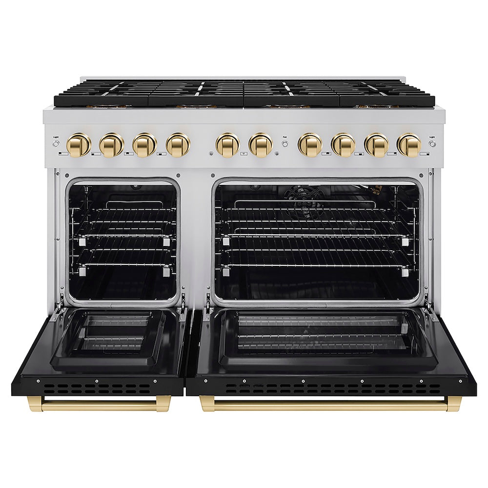 ZLINE Autograph Edition 48 in. 6.7 cu. ft. Paramount Gas Range with 8 Burner DuoPro™ Cooktop and Dual Ovens with Black Matte Doors and Polished Gold Accents (PSGRZ-BLM-48-G) front, oven open.