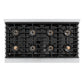 ZLINE Autograph Edition 48 in. 6.7 cu. ft. Paramount Gas Range with 8 Burner DuoPro™ Cooktop and Dual Ovens with Black Matte Doors and Polished Gold Accents (PSGRZ-BLM-48-G) top-down, above cooktop.