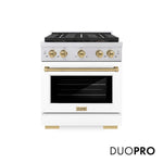ZLINE Autograph Edition 30 in. 4.2 cu. ft. Paramount Gas Range with 4 Burner DuoPro™ Cooktop and Convection Gas Oven in Stainless Steel with White Matte Door and Champagne Bronze Accents (PSGRZ-WM-30-CB) front, with DuoPro™ logo.