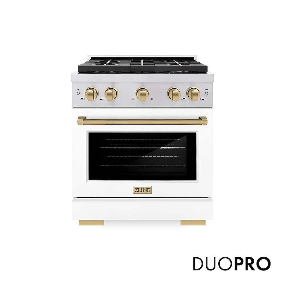ZLINE Autograph Edition 30 in. 4.2 cu. ft. Paramount Gas Range with 4 Burner DuoPro™ Cooktop and Convection Gas Oven in Stainless Steel with White Matte Door and Champagne Bronze Accents (PSGRZ-WM-30-CB) front, with DuoPro™ logo.