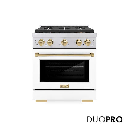 ZLINE Autograph Edition 30 in. 4.2 cu. ft. Paramount Gas Range with 4 Burner DuoPro™ Cooktop and Convection Gas Oven in Stainless Steel with White Matte Door and Champagne Bronze Accents (PSGRZ-WM-30-CB) front, with DuoPro™ logo.