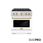 ZLINE Autograph Edition 30 in. 4.2 cu. ft. Paramount Gas Range with 4 Burner DuoPro™ Cooktop and Convection Gas Oven in Stainless Steel with White Matte Door and Champagne Bronze Accents, Open Box-Good Condition
