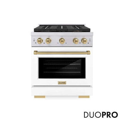 ZLINE Autograph Edition 30 in. 4.2 cu. ft. Paramount Gas Range with 4 Burner DuoPro™ Cooktop and Convection Gas Oven in Stainless Steel with White Matte Door and Champagne Bronze Accents, Open Box-Good Condition