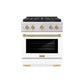 ZLINE Autograph Edition 30 in. 4.2 cu. ft. Paramount Gas Range with 4 Burner DuoPro™ Cooktop and Convection Gas Oven in Stainless Steel with White Matte Door and Champagne Bronze Accents (PSGRZ-WM-30-CB) front.