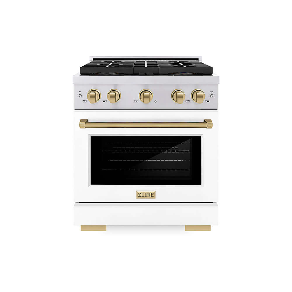 ZLINE Autograph Edition 30 in. 4.2 cu. ft. Paramount Gas Range with 4 Burner DuoPro™ Cooktop and Convection Gas Oven in Stainless Steel with White Matte Door and Champagne Bronze Accents, Open Box-Good Condition