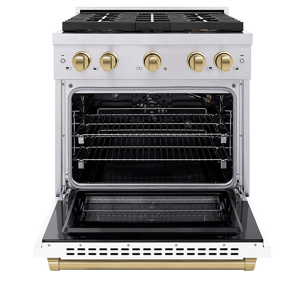 ZLINE Autograph Edition 30 in. 4.2 cu. ft. Paramount Gas Range with 4 Burner DuoPro™ Cooktop and Convection Gas Oven in Stainless Steel with White Matte Door and Champagne Bronze Accents, Open Box-Good Condition