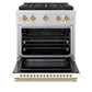 ZLINE Autograph Edition 30 in. 4.2 cu. ft. Paramount Gas Range with 4 Burner DuoPro™ Cooktop and Convection Gas Oven in Stainless Steel with White Matte Door and Champagne Bronze Accents (PSGRZ-WM-30-CB) front, oven open.