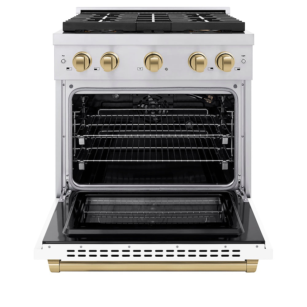 ZLINE Autograph Edition 30 in. 4.2 cu. ft. Paramount Gas Range with 4 Burner DuoPro™ Cooktop and Convection Gas Oven in Stainless Steel with White Matte Door and Champagne Bronze Accents (PSGRZ-WM-30-CB) front, oven open.
