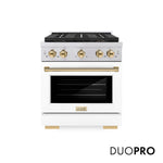 ZLINE Autograph Edition 30 in. 4.2 cu. ft. Paramount Gas Range with 4 Burner DuoPro™ Cooktop and Convection Gas Oven in Stainless Steel with White Matte Door and Polished Gold Accents (PSGRZ-WM-30-G) front, with DuoPro™ logo.