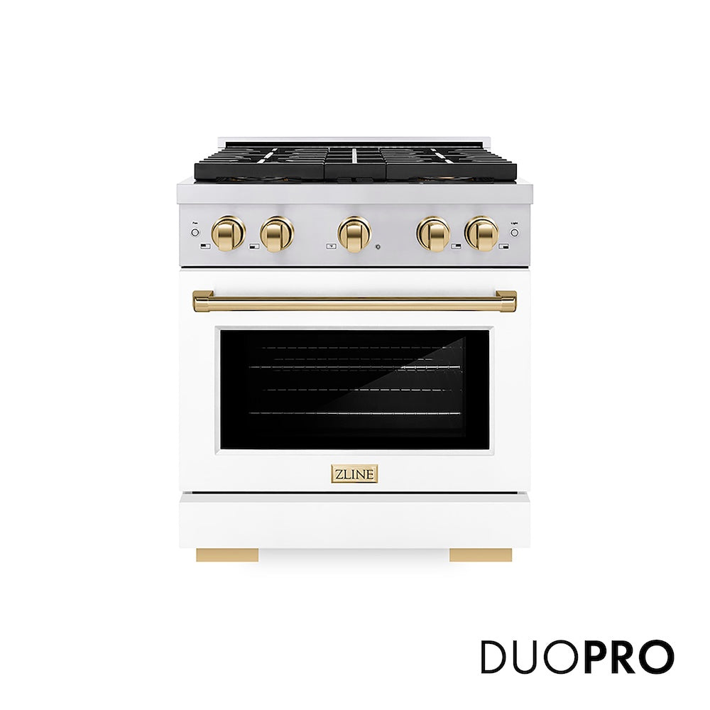 ZLINE Autograph Edition 30 in. 4.2 cu. ft. Paramount Gas Range with 4 Burner DuoPro™ Cooktop and Convection Gas Oven in Stainless Steel with White Matte Door and Polished Gold Accents (PSGRZ-WM-30-G) front, with DuoPro™ logo.