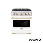 ZLINE Autograph Edition 30 in. 4.2 cu. ft. Paramount Gas Range with 4 Burner DuoPro™ Cooktop and Convection Gas Oven in Stainless Steel with White Matte Door and Polished Gold Accents, Open Box-Good Condition