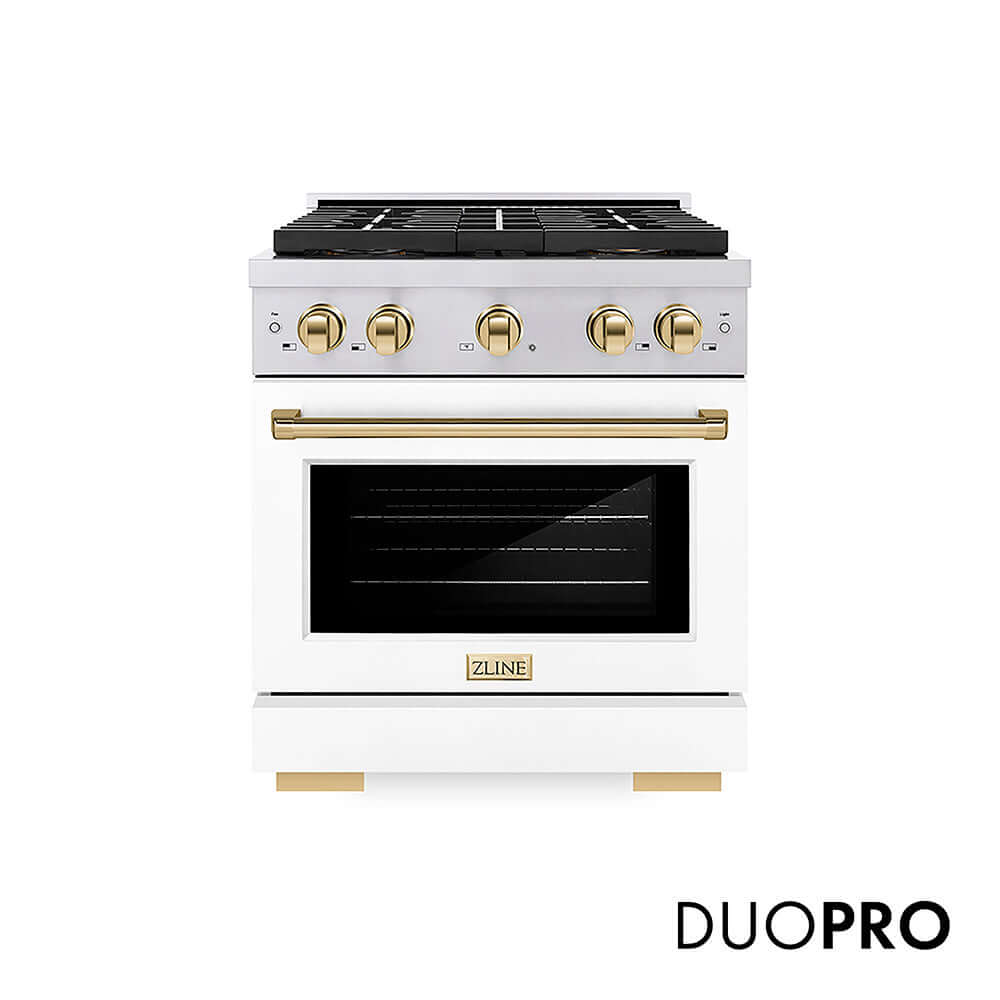 ZLINE Autograph Edition 30 in. 4.2 cu. ft. Paramount Gas Range with 4 Burner DuoPro™ Cooktop and Convection Gas Oven in Stainless Steel with White Matte Door and Polished Gold Accents, Open Box-Good Condition