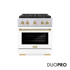 ZLINE Autograph Edition 30 in. 4.2 cu. ft. Paramount Gas Range with 4 Burner DuoPro™ Cooktop and Convection Gas Oven in Stainless Steel with White Matte Door and Polished Gold Accents, Open Box-Good Condition main image.