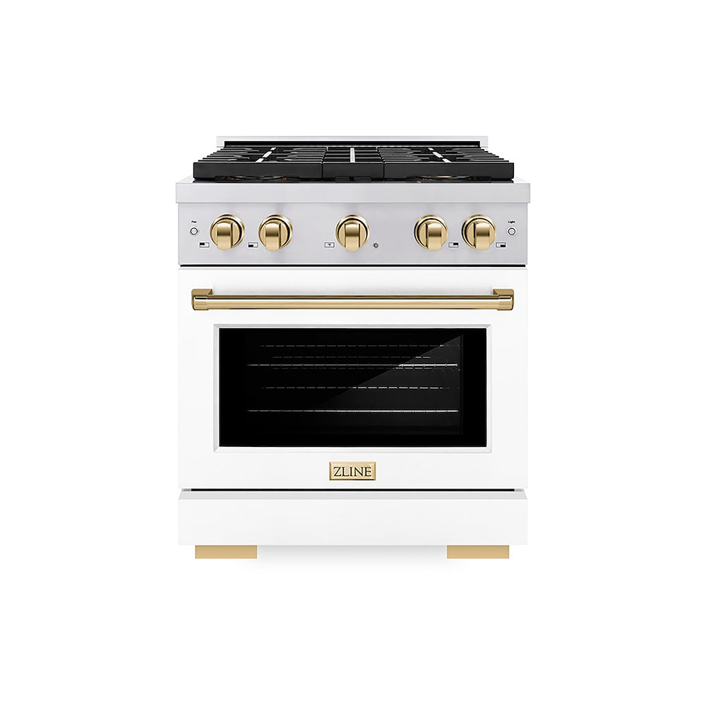 ZLINE Autograph Edition 30 in. 4.2 cu. ft. Paramount Gas Range with 4 Burner DuoPro™ Cooktop and Convection Gas Oven in Stainless Steel with White Matte Door and Polished Gold Accents (PSGRZ-WM-30-G) front.