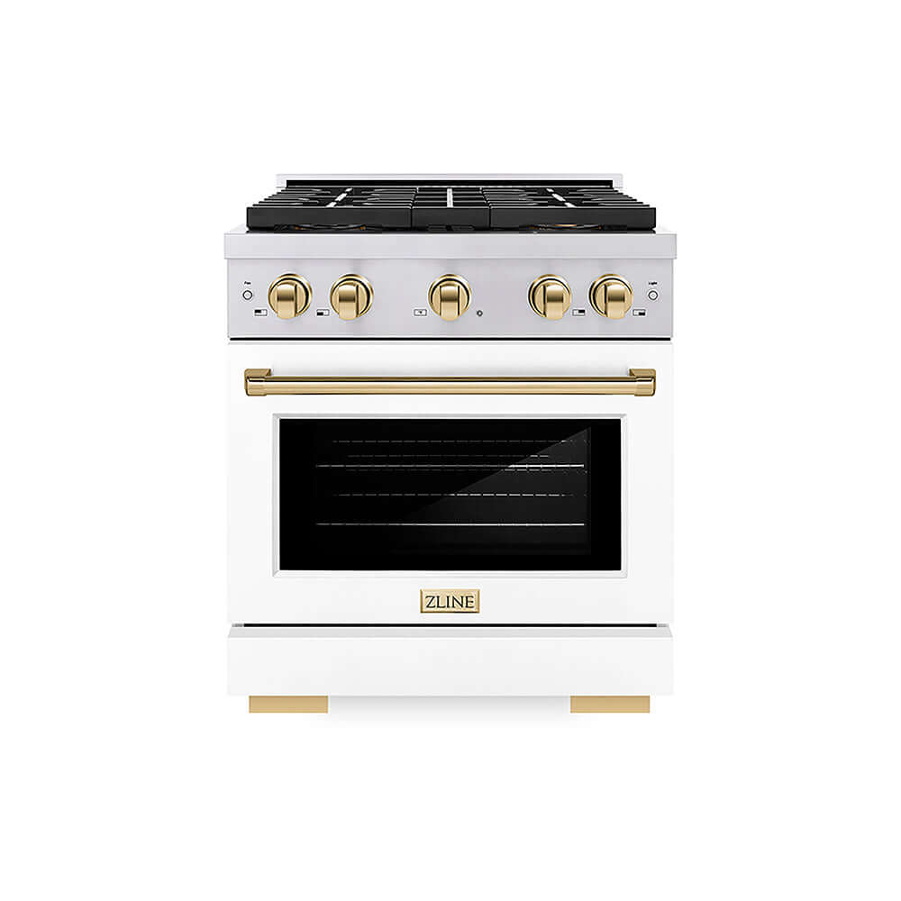 ZLINE Autograph Edition 30 in. 4.2 cu. ft. Paramount Gas Range with 4 Burner DuoPro™ Cooktop and Convection Gas Oven in Stainless Steel with White Matte Door and Polished Gold Accents, Open Box-Good Condition