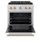ZLINE Autograph Edition 30 in. 4.2 cu. ft. Paramount Gas Range with 4 Burner DuoPro™ Cooktop and Convection Gas Oven in Stainless Steel with White Matte Door and Polished Gold Accents (PSGRZ-WM-30-G) front, oven open.