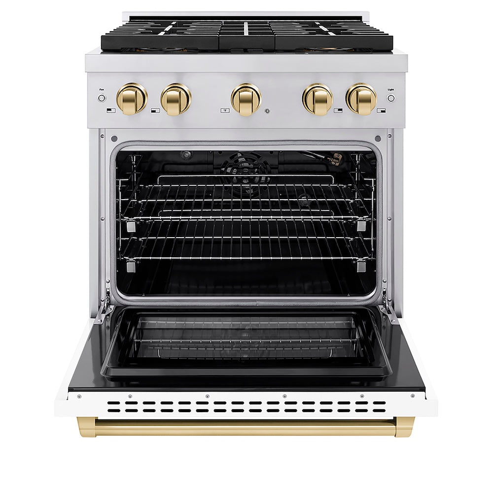 ZLINE Autograph Edition 30 in. 4.2 cu. ft. Paramount Gas Range with 4 Burner DuoPro™ Cooktop and Convection Gas Oven in Stainless Steel with White Matte Door and Polished Gold Accents (PSGRZ-WM-30-G) front, oven open.