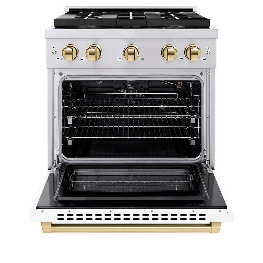 ZLINE Autograph Edition 30 in. 4.2 cu. ft. Paramount Gas Range with 4 Burner DuoPro™ Cooktop and Convection Gas Oven in Stainless Steel with White Matte Door and Polished Gold Accents, Open Box-Good Condition