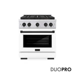 ZLINE Autograph Edition 30 in. 4.2 cu. ft. Paramount Gas Range with 4 Burner DuoPro™ Cooktop and Convection Gas Oven in Stainless Steel with White Matte Door and Matte Black Accents (PSGRZ-WM-30-MB) front, with DuoPro™ logo.