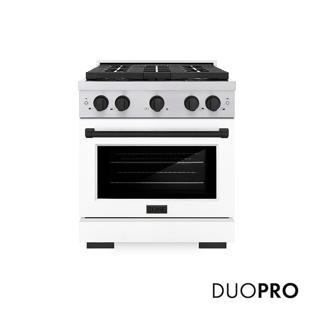 ZLINE Autograph Edition 30 in. 4.2 cu. ft. Paramount Gas Range with 4 Burner DuoPro™ Cooktop and Convection Gas Oven in Stainless Steel with White Matte Door and Matte Black Accents (PSGRZ-WM-30-MB) front, with DuoPro™ logo.