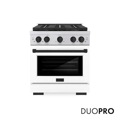 ZLINE Autograph Edition 30 in. 4.2 cu. ft. Paramount Gas Range with 4 Burner DuoPro™ Cooktop and Convection Gas Oven in Stainless Steel with White Matte Door and Matte Black Accents (PSGRZ-WM-30-MB) front, with DuoPro™ logo.