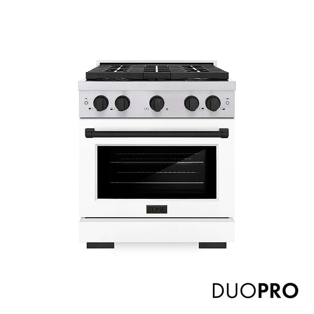 ZLINE Autograph Edition 30 in. 4.2 cu. ft. Paramount Gas Range with 4 Burner DuoPro™ Cooktop and Convection Gas Oven in Stainless Steel with White Matte Door and Matte Black Accents, Open Box-Good Condition