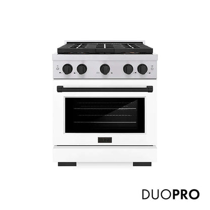 ZLINE Autograph Edition 30 in. 4.2 cu. ft. Paramount Gas Range with 4 Burner DuoPro™ Cooktop and Convection Gas Oven in Stainless Steel with White Matte Door and Matte Black Accents, Open Box-Good Condition