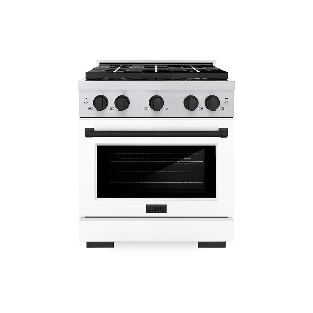 ZLINE Autograph Edition 30 in. 4.2 cu. ft. Paramount Gas Range with 4 Burner DuoPro™ Cooktop and Convection Gas Oven in Stainless Steel with White Matte Door and Matte Black Accents (PSGRZ-WM-30-MB) front.