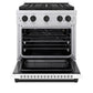 ZLINE Autograph Edition 30 in. 4.2 cu. ft. Paramount Gas Range with 4 Burner DuoPro™ Cooktop and Convection Gas Oven in Stainless Steel with White Matte Door and Matte Black Accents (PSGRZ-WM-30-MB) front, oven open.