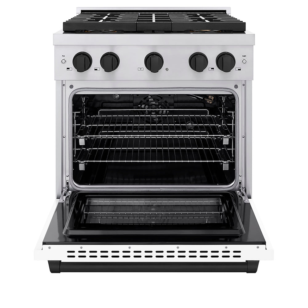 ZLINE Autograph Edition 30 in. 4.2 cu. ft. Paramount Gas Range with 4 Burner DuoPro™ Cooktop and Convection Gas Oven in Stainless Steel with White Matte Door and Matte Black Accents (PSGRZ-WM-30-MB) front, oven open.