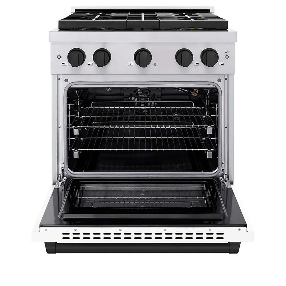 ZLINE Autograph Edition 30 in. 4.2 cu. ft. Paramount Gas Range with 4 Burner DuoPro™ Cooktop and Convection Gas Oven in Stainless Steel with White Matte Door and Matte Black Accents, Open Box-Good Condition