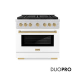 ZLINE Autograph Edition 36 in. 5.2 cu. ft. Paramount Gas Range with 6 Burner DuoPro™ Cooktop and Convection Gas Oven with White Matte Door and Champagne Bronze Accents (PSGRZ-WM-36-CB) front, with DuoPro™ logo.