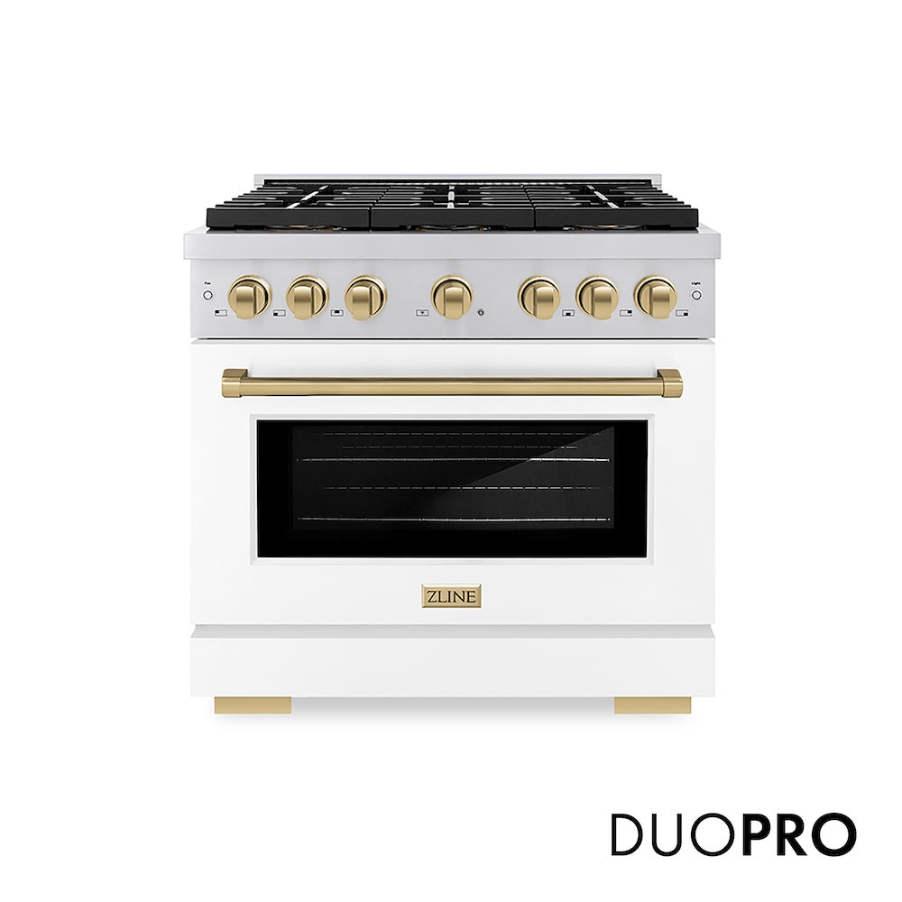 ZLINE Autograph Edition 36 in. 5.2 cu. ft. Paramount Gas Range with 6 Burner DuoPro™ Cooktop and Convection Gas Oven with White Matte Door and Champagne Bronze Accents (PSGRZ-WM-36-CB) front, with DuoPro™ logo.