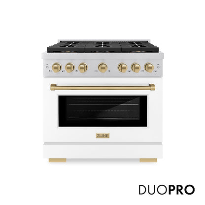 ZLINE Autograph Edition 36 in. 5.2 cu. ft. Paramount Gas Range with 6 Burner DuoPro™ Cooktop and Convection Gas Oven with White Matte Door and Champagne Bronze Accents (PSGRZ-WM-36-CB) front, with DuoPro™ logo.