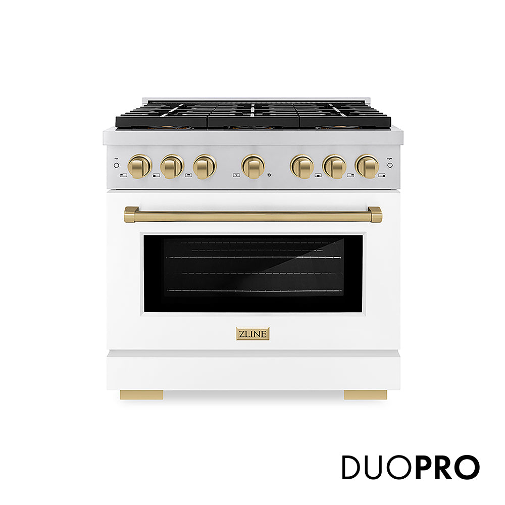 ZLINE Autograph Edition 36 in. 5.2 cu. ft. Paramount Gas Range with 6 Burner DuoPro™ Cooktop and Convection Gas Oven with White Matte Door and Champagne Bronze Accents, Open Box-Great Condition main image.