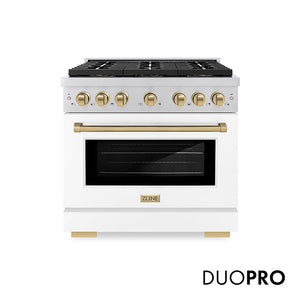 ZLINE Autograph Edition 36 in. 5.2 cu. ft. Paramount Gas Range with 6 Burner DuoPro™ Cooktop and Convection Gas Oven with White Matte Door and Champagne Bronze Accents, Open Box-Great Condition main image.