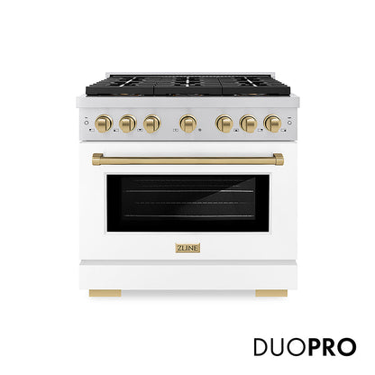 ZLINE Autograph Edition 36 in. 5.2 cu. ft. Paramount Gas Range with 6 Burner DuoPro™ Cooktop and Convection Gas Oven with White Matte Door and Champagne Bronze Accents, Open Box-Great Condition