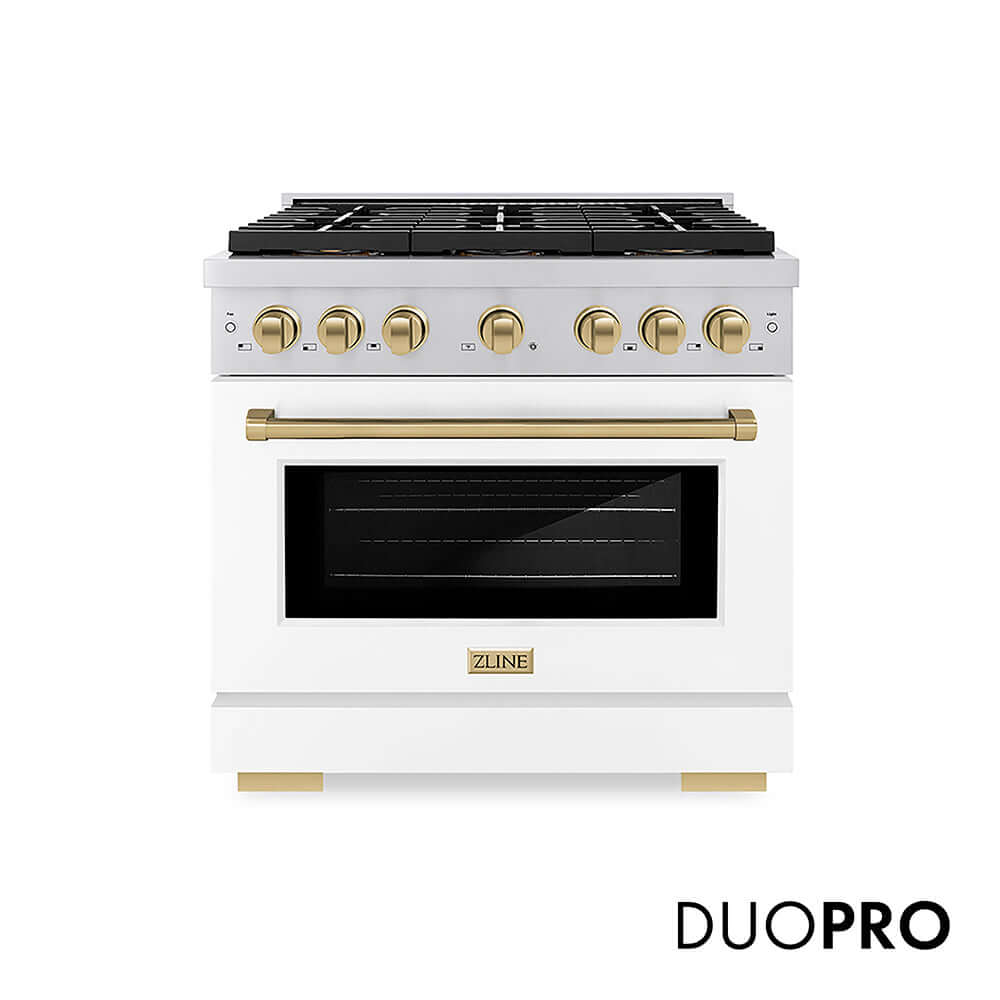 ZLINE Autograph Edition 36 in. 5.2 cu. ft. Paramount Gas Range with 6 Burner DuoPro™ Cooktop and Convection Gas Oven with White Matte Door and Champagne Bronze Accents, Open Box-Good Condition