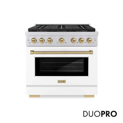 ZLINE Autograph Edition 36 in. 5.2 cu. ft. Paramount Gas Range with 6 Burner DuoPro™ Cooktop and Convection Gas Oven with White Matte Door and Champagne Bronze Accents, Open Box-Good Condition